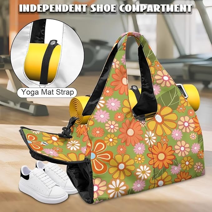 Floral Womens Gym Bag with Yoga Mat Holder and Shoe Compartment, Waterproof Portable Green Sport Tote Bag for Women with Spacious Wet Pockets Gym Bag for Daily Use