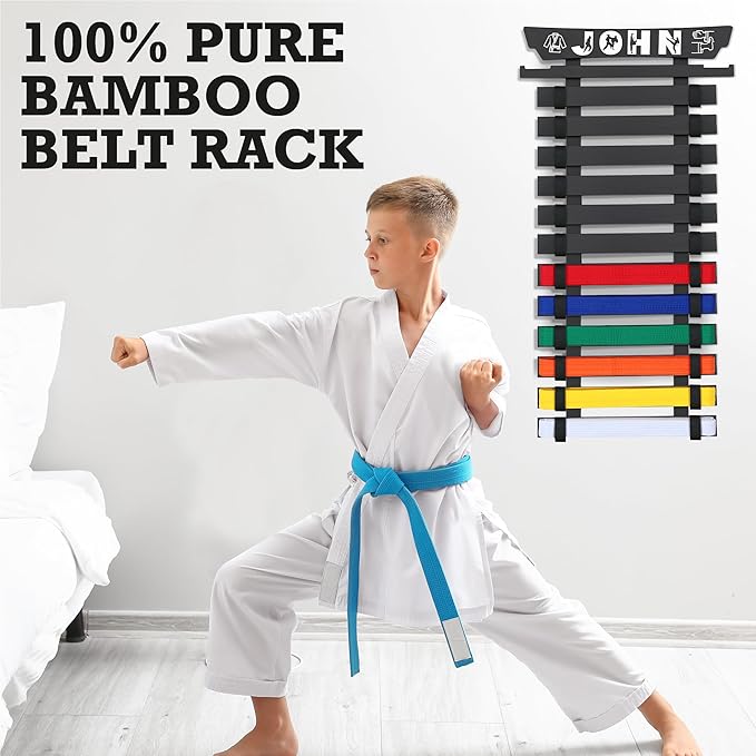 10/12 Belts Karate Belt Display Rack, Pure Bamboo Wood, Themed Stickers, Medal Hangers - Taekwondo Belt Display, Jiu Jitsu, BJJ, Martial Arts