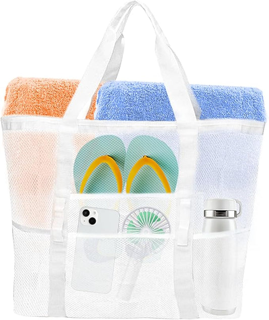 Large Mesh Beach Bag - Lightweight & Foldable Family Beach Bag with 9 Pockets for Toys, Towels & Vacation Essentials