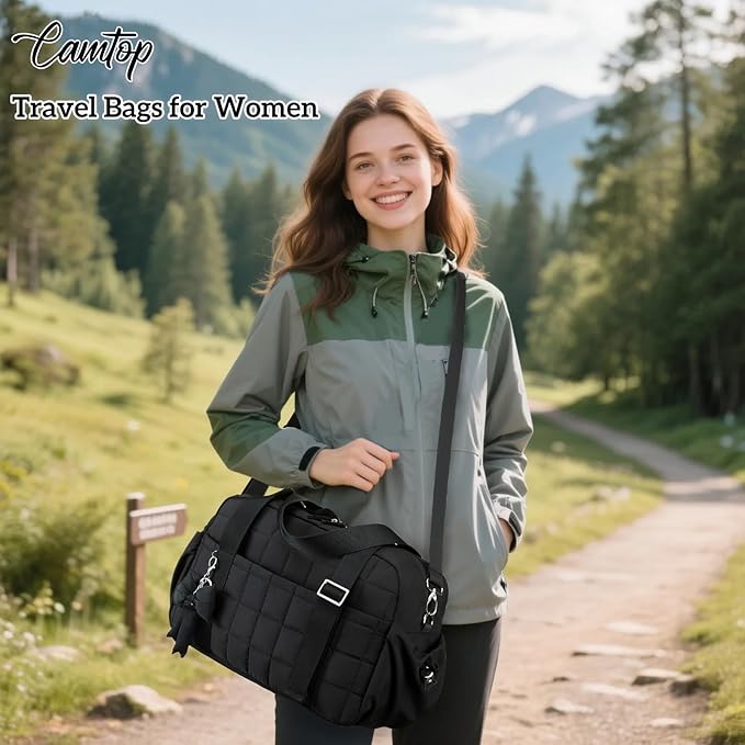 CAMTOP Mini Gym Bag for Women, Small Gym Tote Bag Puffy Quilted Sports Duffel Bag with Wet Compartment and Coin Purse Duffel Bags Dance Yoga Workout Bag for Gifts (Black, Medium-16")