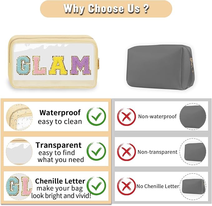 Chenille Letter Clear Makeup Bags Glam Pouch, Preppy Patch Makeup Bag with Zipper, Transparent PVC & Nylon Waterproof Portable Glitter Cosmetic Bag Travel Toiletry Storage for Women Girls(GLAM-Beige)