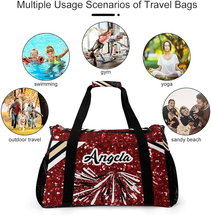Cheer Red Maroon Glitter Sequin Print Travel Bag, Customized Duffel Bags, Overnight Bag, Personalized Gift, Workouts Gym Casual Bag, Perform Backpacks