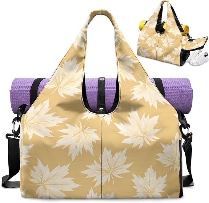 Yellow Gym Bag with Yoga Mat Strap and Shoe Compartment, Portable Lightweight Maple Leaf Gym Bag with Wet Pocket Water Resistant Gym Duffel for Swimming
