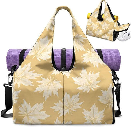 Yellow Gym Bag with Yoga Mat Strap and Shoe Compartment, Portable Lightweight Maple Leaf Gym Bag with Wet Pocket Water Resistant Gym Duffel for Swimming
