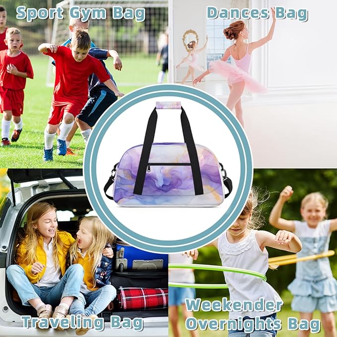 Purple Blue Gold Marbles Sports Duffel Bags, Water-Resistant Gym Duffle Bag for Men Women, Lightweight Weekender Overnight Bag for Fitness, Workout, Travel