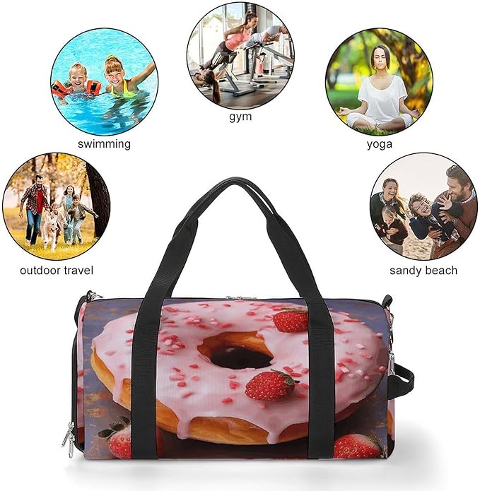 Strawberry Donut Gym Bag Lightweight ，Travel Duffle Bag with Shoe Compartment，Gym Bag for Women for Overnight, Weekend, Yoga, Gym, Business Trips, Sport And Hospital.