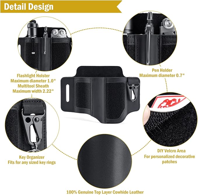 VIPERADE PL3 Multitool Sheath, Leather Sheath with DIY Patch Area, EDC Pocket Organizer for Men, Leatherman Sheath Flashlight Holder with Pen Holder, EDC Belt Organizer with Key Holder (B-Black)