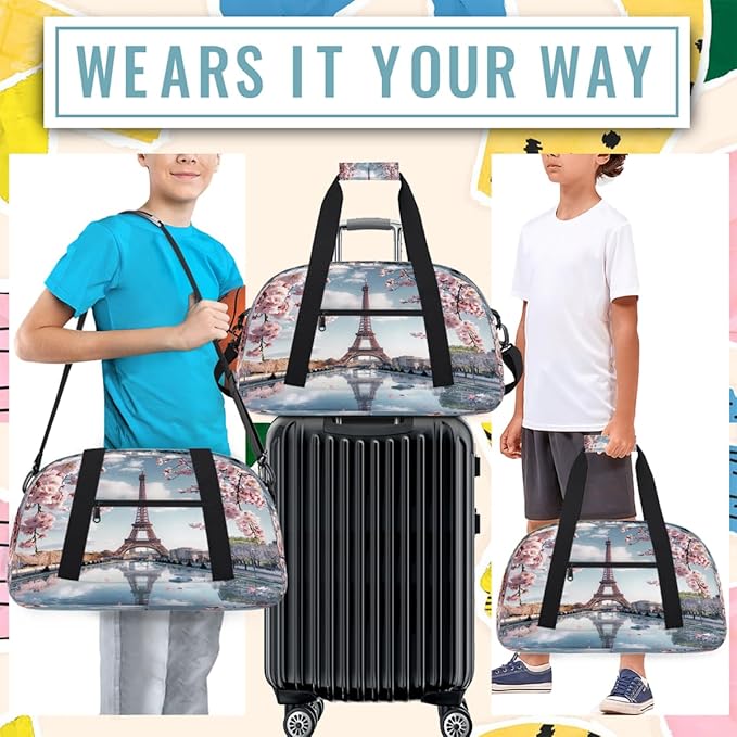 Gym Bag for Women Men, Paris Eiffel Cherry Blossom Travel Duffle Bags for Dance Ballet Overnight, Carry-On Weekender Bag with Detachable Shoulder Strap