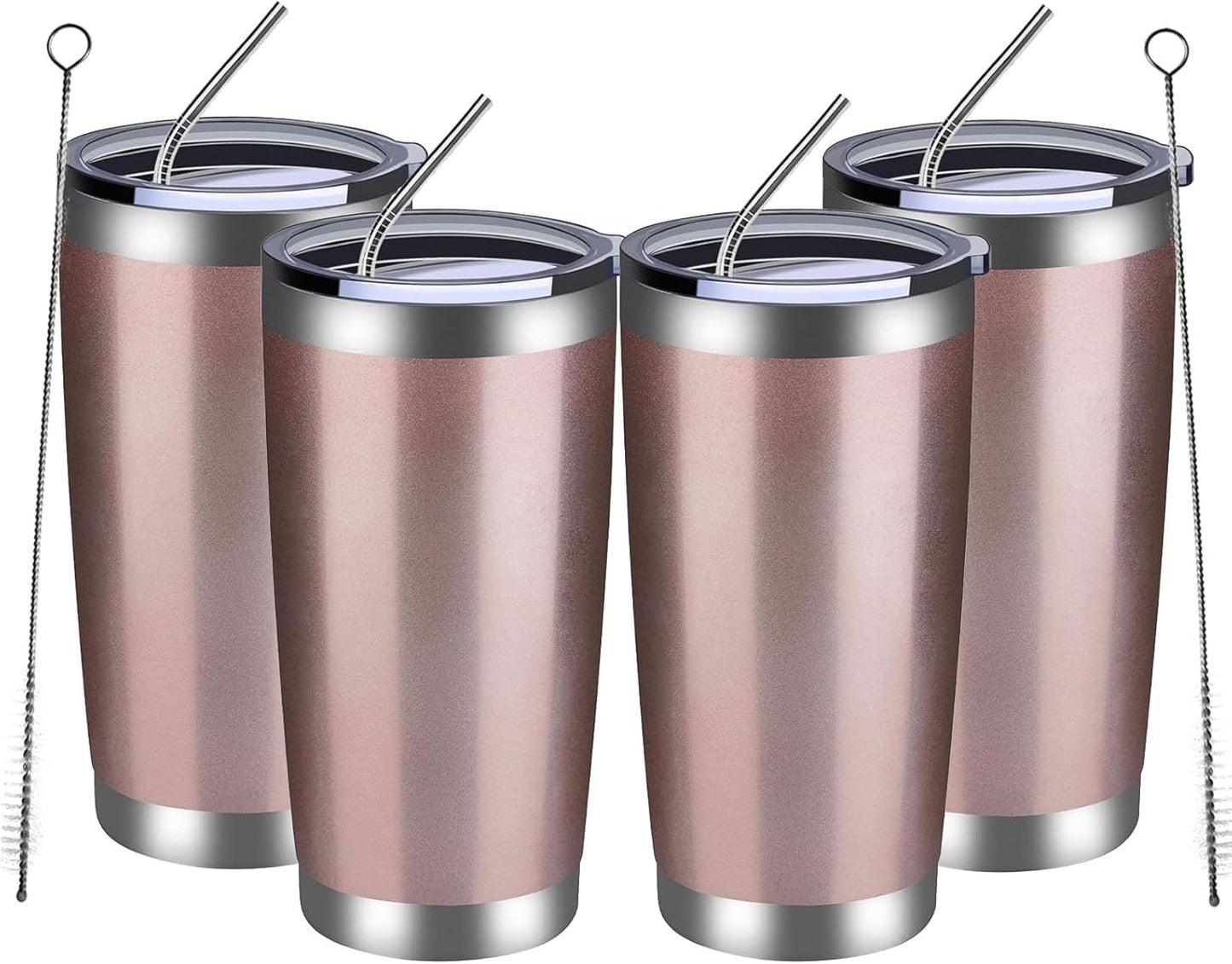 MEWAY 20oz Tumbler 4 Pack Double Wall Vacuum Insulated Travel Mug Bulk, Stainless Steel Tumblers with Lid and Straw, Durable Powder Coated Coffee Cups for Cold & Hot Drinks (Rose Gold, 4)