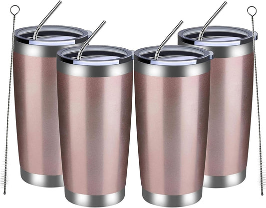 MEWAY 20oz Tumbler 4 Pack Double Wall Vacuum Insulated Travel Mug Bulk, Stainless Steel Tumblers with Lid and Straw, Durable Powder Coated Coffee Cups for Cold & Hot Drinks (Rose Gold, 4)