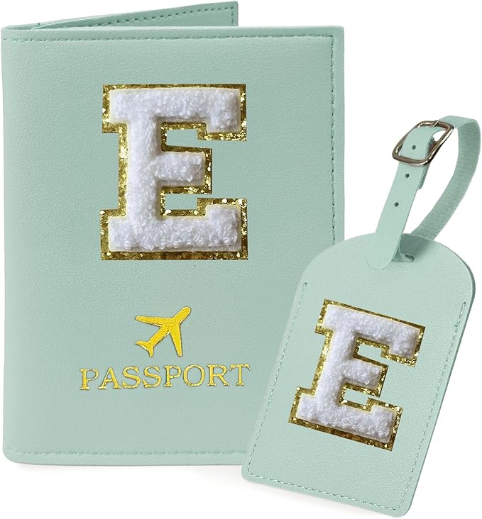 COSHAYSOO Green Passport Cover and Luggage Tag Set TSA Approved with Her Initial Chenille Letter Patch for Big Little Girls Sister Daughter, Hawaii Travel Bag Backpack Suitcase Identifier (E)