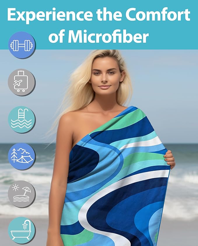 Microfiber Beach Towel Oversized 71X32" Thin Lightweight, Quick Dry Towel, Sand Free, High Absorbent, Compact, Vacation, Pool, Camping, Cruise, Picnic, Travel Towel, Beach Blanket, Carry Bag, Blue