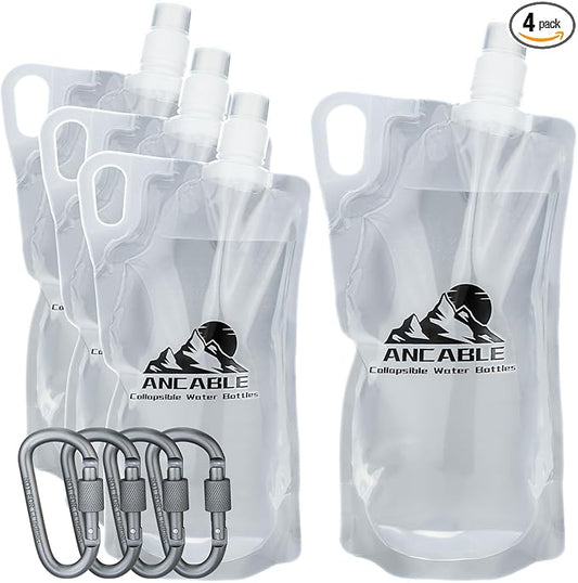 Ancable 1L Hiking Collapsible Water Bottles, 4-Pack 33OZ BPA-Free Foldable Backpacking Water Bottle for Travel Camping Hiking