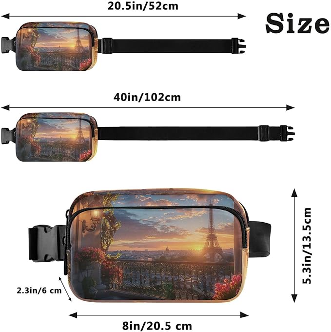 Paris Balcony View Eiffel Tower Fanny Pack for Women Men Water Resistant Fashion Waist Packs with Adjustable Strap Belt Bag for Travel Workout Jogging Hiking 21220605
