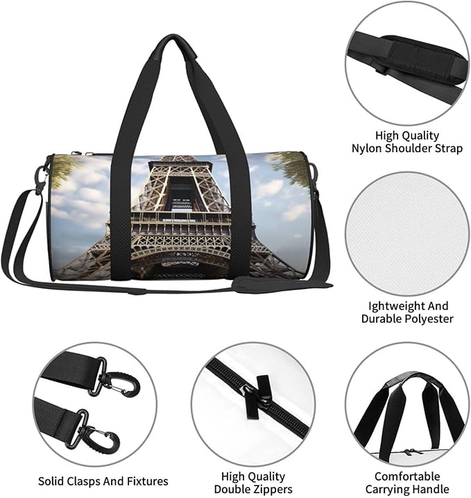 Travel Duffel Bag Lightweight Carry On Weekender Overnight Bags Eiffel Tower French Paris Monument Sports Tote Gym Backpack with Adjustable Strap Hospital Bags Foldable Luggage Bag for Women Men