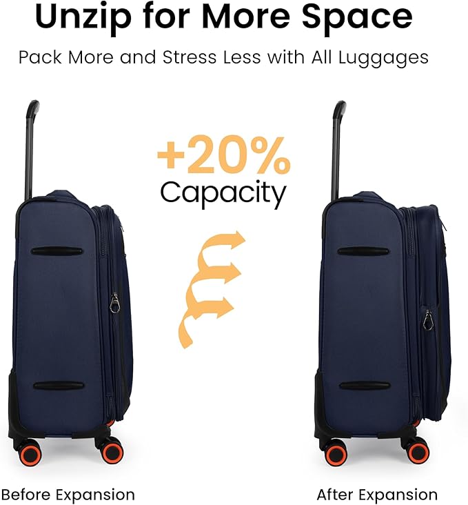 3-Piece Softside Expandable 20% Luggage Set with Front Open Pocket,Softside Suitcases w/Spinner Wheels,Lightweight Durable Rolling Luggage w/TSA LOCK（Navy,22in/28in/32in）