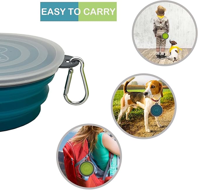 Small Collapsible Dog Bowl 12oz,2 Pack Portable and Foldable Pet Travel Bowls with 2 Carabiners & Lids for Dogs Cats and Small Animals (Blue+Green+Grey, 350ml)