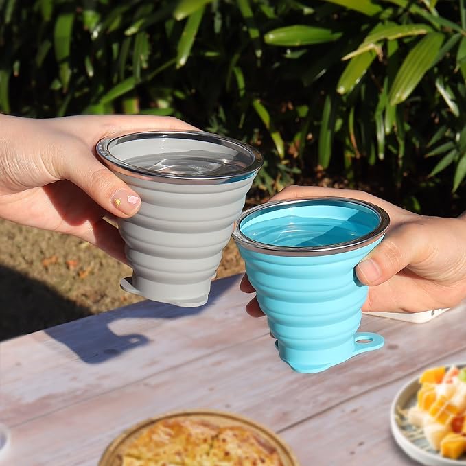 Silicone Collapsible Cups for Camping Travel, Small Portable Drinking Cup with Lids Reusable for Outdoor Hiking 270ml (Blue/Gray, 2 Pack)