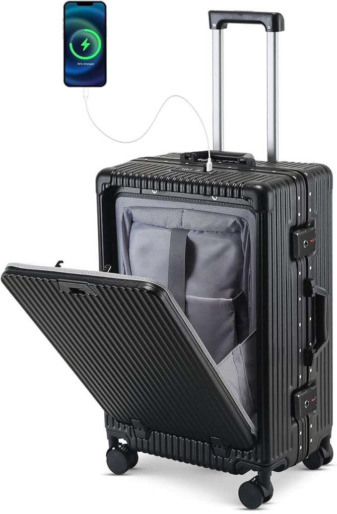 20 Inch Aluminum Frame Carry On Luggage with Front Pocket, USB Port, Phone Holder & Cup Holder, Hard Shell Spinner Suitcase for Airplane Travel, Black