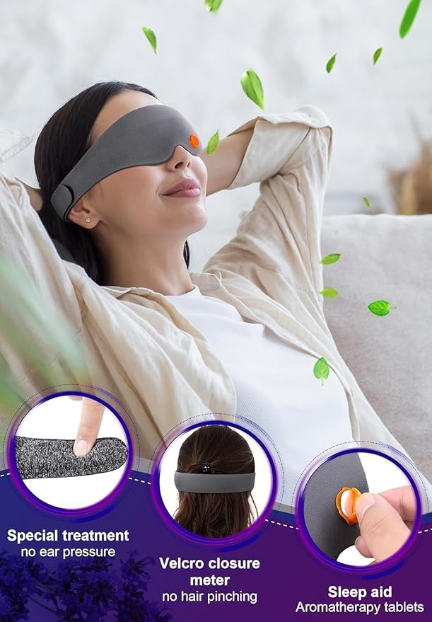 Cotton Sleep Eye Mask: Soft 3D Eye Mask - Complete Blackout with Adjustable, Eye Blinder for Travel/Sleeping, Includes Travel Pouch, Grey