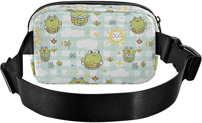Kawaii Frog Flower Plaid Fanny Pack for Women Men Water Resistant Fashion Waist Packs with Adjustable Strap Belt Bag for Travel Workout Jogging Hiking 21219491