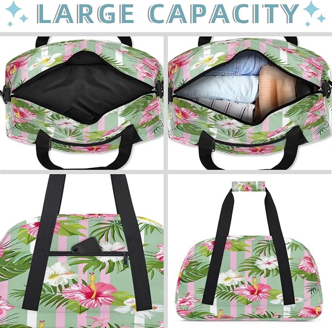 Duffle Bag for Women Men, Pink Green Stripe Flowers Gym Bag for Travel Sports, Lightweight Waterproof Weekender Overnight Bags with Adjustable Strap