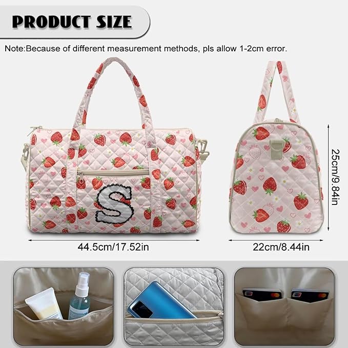 COEQINE Women Vintage Floral Gym Bag for Travel Pink Strawberry Initial Name A-Z Personal Item Travel Bag Quilted Duffel Bags for Men Womens, Large Packable Travel Bag