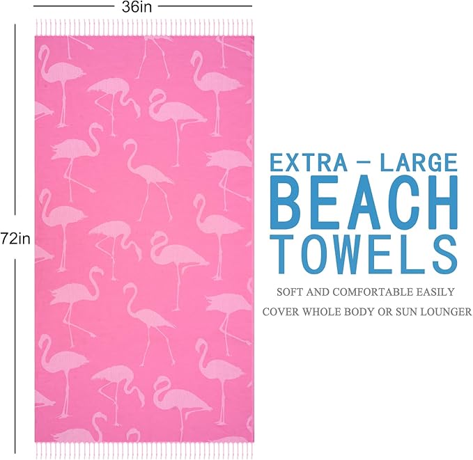 Oversized Cotton Turkish Beach Towels 72"x36" Lightweight Quick Dry Sandless Pool Swim Towel Large No Sand Adult Travel Compact Blanket Essentials Cruise Accessories Must Haves Pink Flamingos