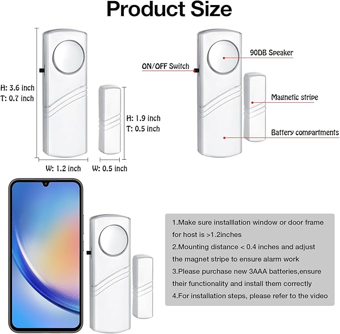 PLOJOP Security Window Door Alarm, Portable 90dB Wireless Sensor for Home & Travel Security, Easy DIY Installation, No Tools Needed (Battery Not Included)