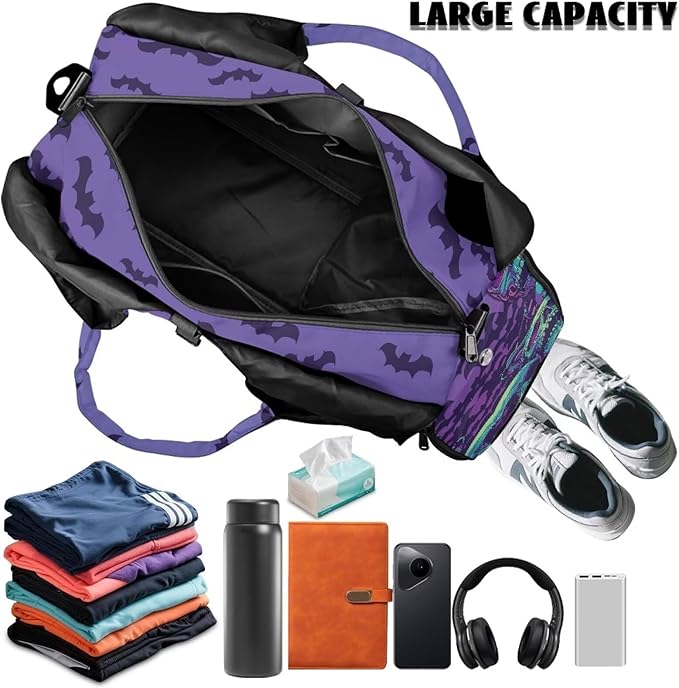 Halloween Skull Bats Lightweight Gym Bag with Shoe Compartment for Women Sports Gym Tote Bag Beach Swim Weekender Travel Duffel Bags Spooky Halloween Costumes