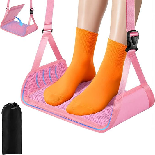 Airplane Foot Rest - Lightweight Foot Hammock for Plane Travel with Adjustable Strap & Thick Board, Tray Table Under Desk Footrest to Relax Feet, Travel Essentials for Long Flights(Pink)