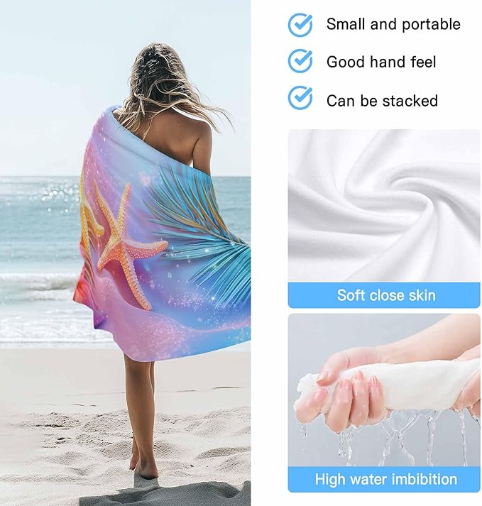 Summer Dreamy Ocean Beach Towel 35" x 71" Starfish Shells Palm Leaves Quick Dry Sand Free Pool Towels Soft & Absorbent Compact Towels Beach Accessories for Travel Bathroom Swimming Pool