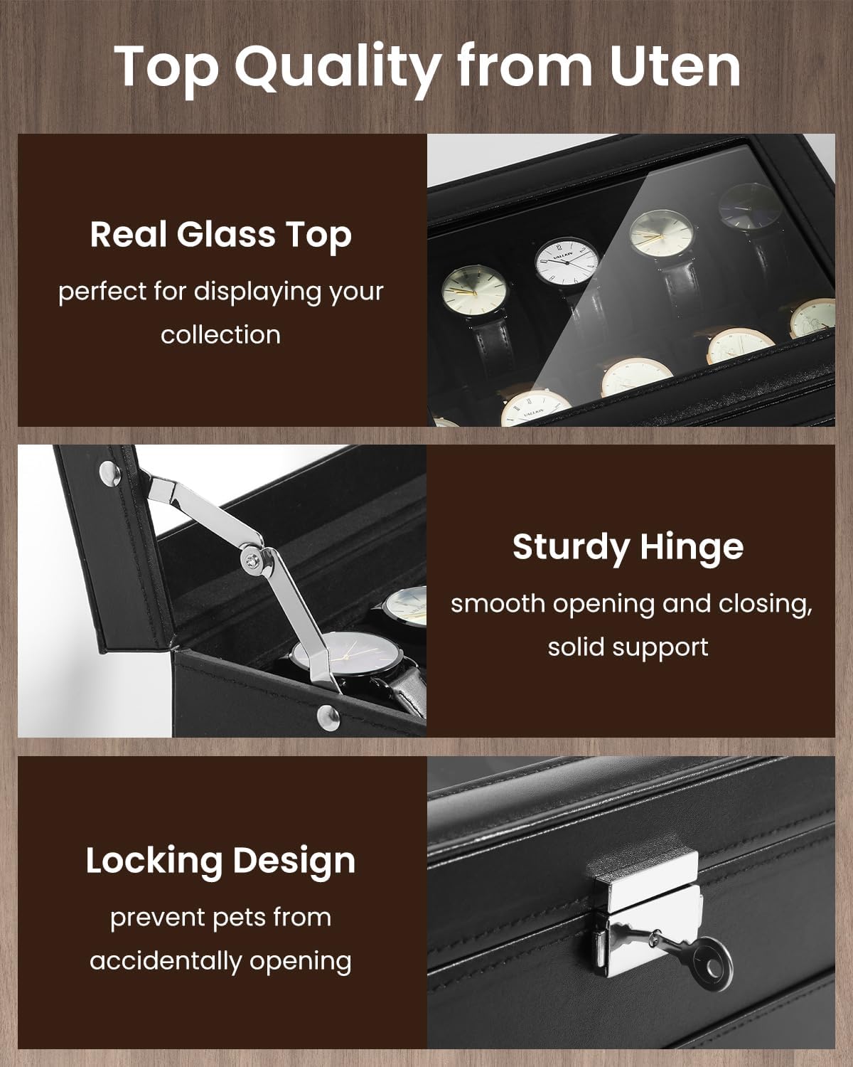 Uten 20-Slot Watch Box, 2-Layers PU Leather Watch Case with Glass Lid, Watch Holder Organizer with Soft Pillow and Velvet Lining, Watch and Jewelry Storage Box, Black