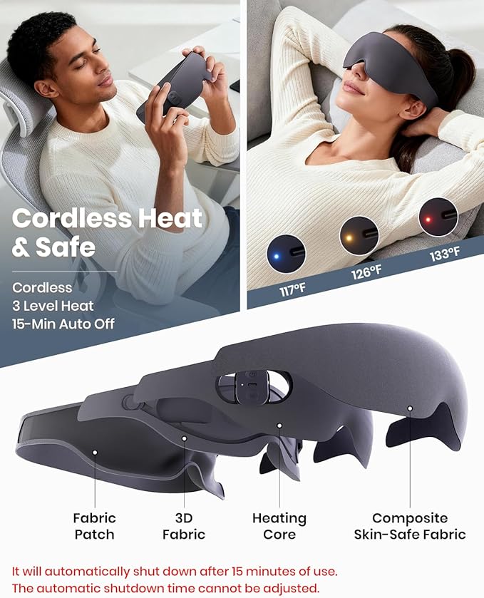 Heated Eye Mask, Cordless Electric Eye Mask Heated for Dry Eyes Relief, 3D Light Blocking, 3 Heat Levels, Warm Eye Compress & Eye Heating Pad, Sleeping Mask with Washable Cover