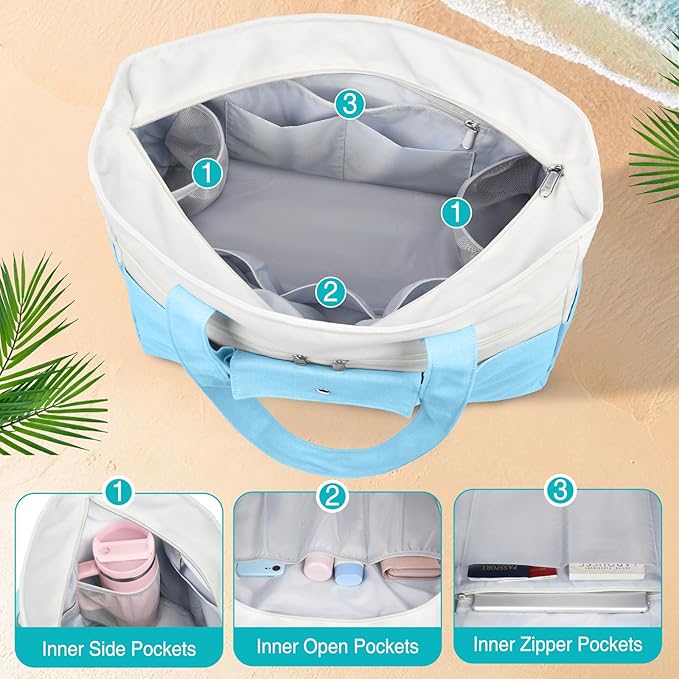 Beach Bags for Women Large Canvas Beach Tote with Zipper Wet Pocket, Waterproof Foldable Swim Pool Travel Tote Bags