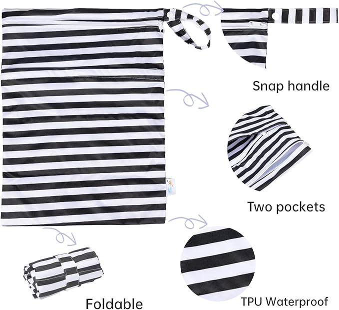 Wet Dry Bag for Swimsuit Two Zipper Pockets Travel Beach Pool Reusable Waterproof Yoga Gym Bag for Baby Cloth Diaper Swimsuits Wet Clothes 3 Pack Grey,Black Stripe