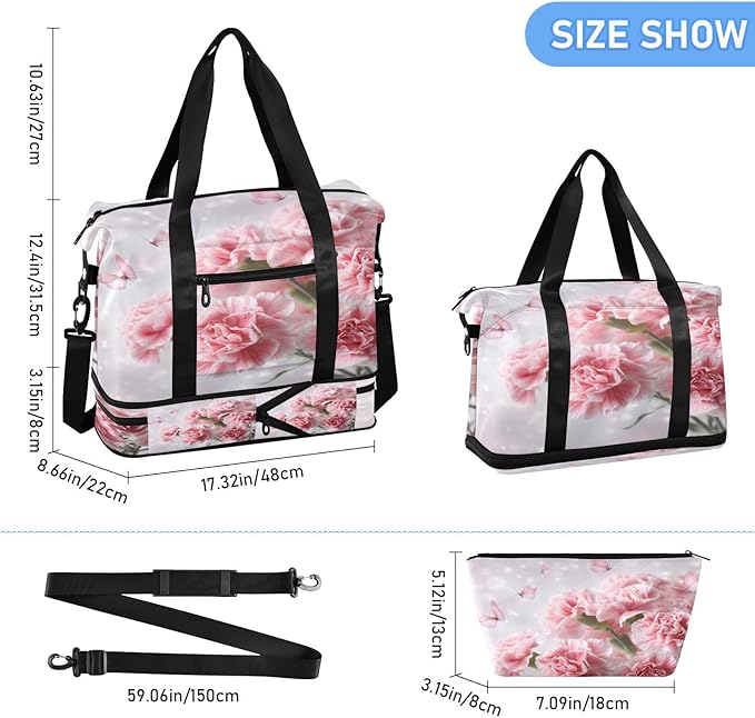 Travel Duffel Bags for Women Watercolor Pink Carnations with Butterflies Sports Duffel Bags Gym Bags with Shoes Compartment Tote Bag Weekender Bag for Travelling
