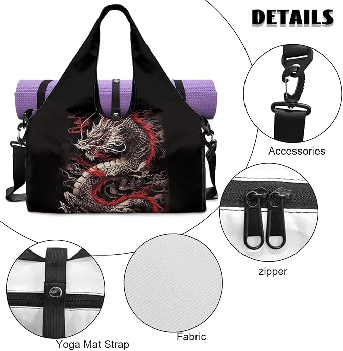 Dragon Gym Bag Sports Duffel Bag for Men Large Capacity Gym Bag with Shoe Compartment and Yoga Mats Holder Waterproof Workout Bag with Shoulder Strap for Sports Travel Weekender