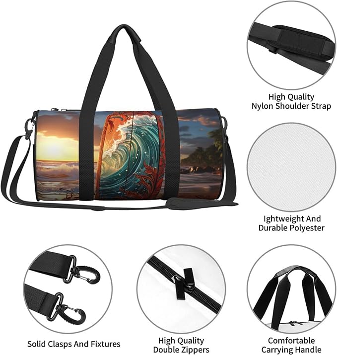 Colorful surfboard Sports Gym Bag for Women Men Travel Duffel Bag Tote Weekender Bag Canvas Carry on Overnight Bag for Travel Swimming Fitness Workout Sports Duffle Bag