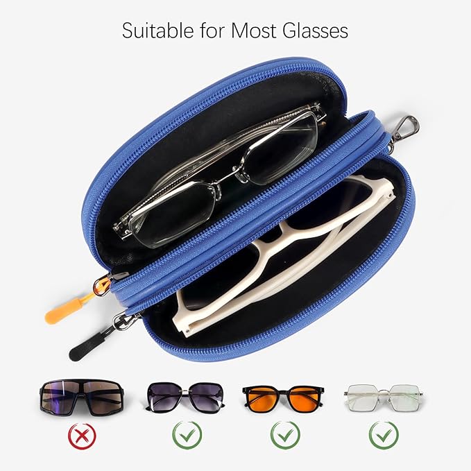 Double Eyeglasses Case Soft Portable Zipper Sunglasses Pouch with Keychain Clip for Men Women
