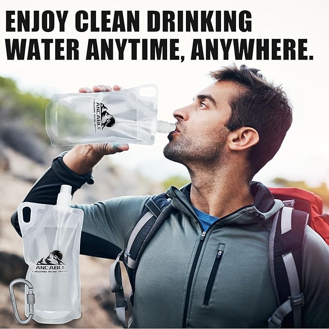 Ancable 1L Hiking Collapsible Water Bottles, 6-Pack 33OZ BPA-Free Foldable Backpacking Water Bottle for Travel Camping Hiking