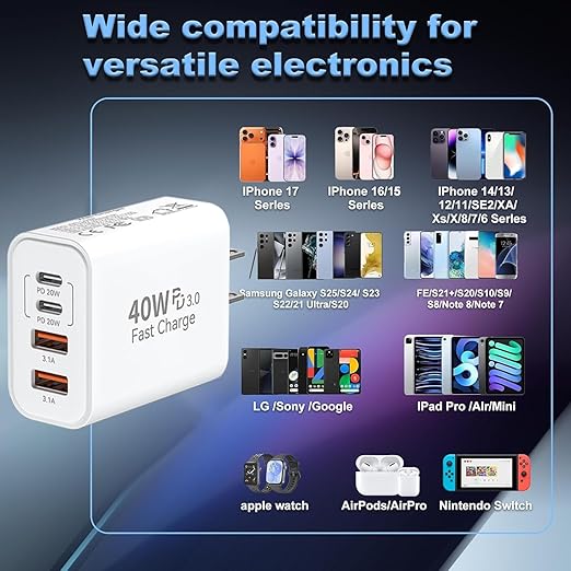 USB C Wall Fast Charger Block,40W 4-Port Type C Fast Charging Dual Type C+Dual USB-A Plug Multiport Charger Brick for iPhone 17/16/15/14/13/12 Pro Max, iPad, Galaxy