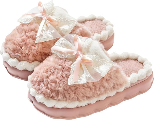 Cute Bow Slippers for Women, Womens Fuzzy Fluffy Cozy Indoor Outdoor House Slippers