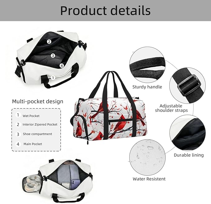 Sports Gym Bag Red Birds Christmas Tree Travel Duffel Bag With Shoe Compartment Shoulder Strap, Lightweight Water-Resistant Weekend Overnight Totes For Women Men