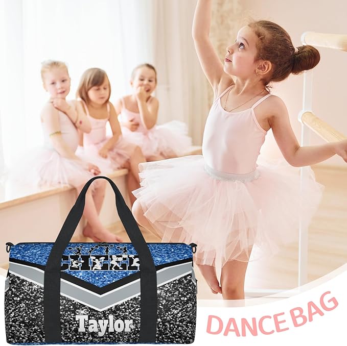 Personalized Gym Dance Ballet Bag Small, Custom Name Cheer Sport Weekender Carry On Travel Duffel Bags, Water Blue with Black Glittering Cheerleading