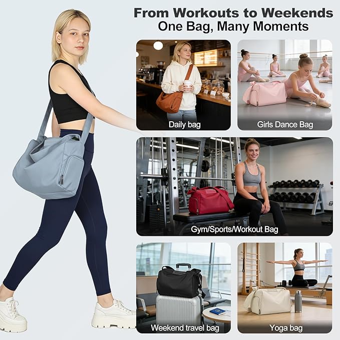 Women's Mini Gym Bag Crossbody, Everyday Sling Duffel with Shoe Compartment & Wet Pocket, Water-Resistant Travel Bag, Dusty Blue