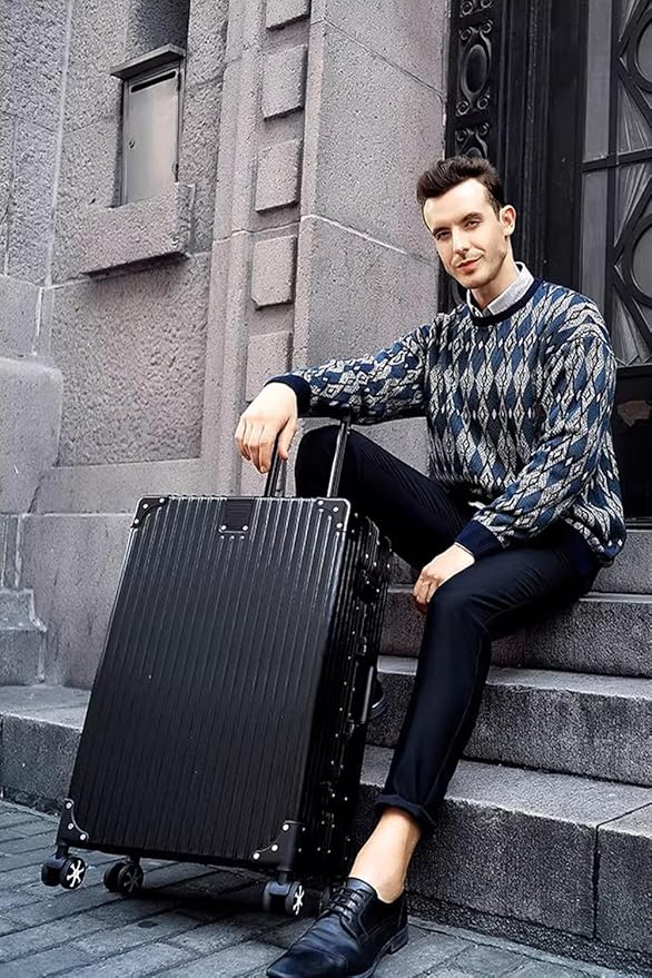 HotWay 28 Inch All Aluminum Checked in Luggage, Hard Shell Suitcase with Spinner Wheels and TSA Lock, Large Silver Suitcase for Travel, Black