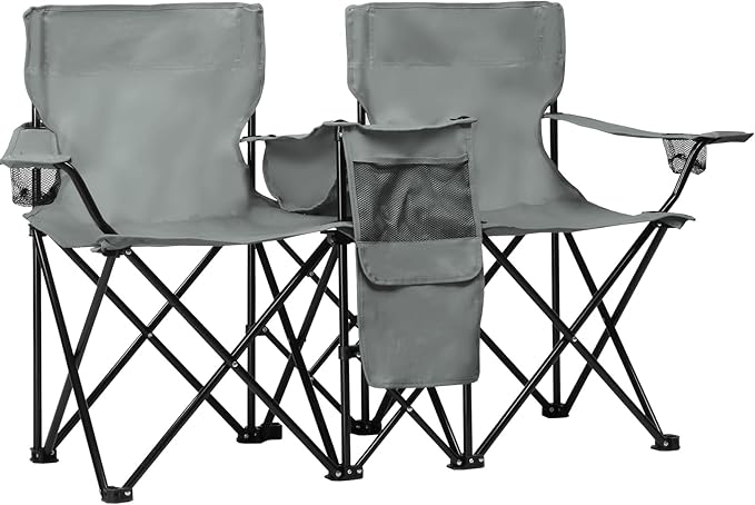 Double Folding Camping Chair W/Umbrella Fold Up Table Beverage Holder Carrying Bag Cooler for Patio Pool Park Outdoor Beach, Picnic, Portable (Grey)