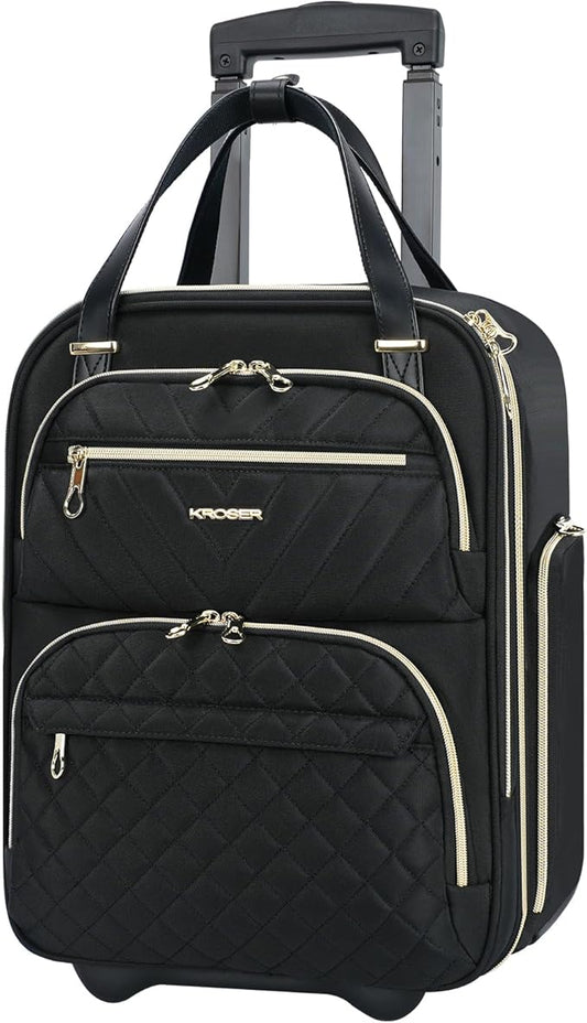 KROSER Carry On Underseat Multi-functional, 16-inch Underseater Lightweight Overnight Suitcase for Men Women, Black/Gold