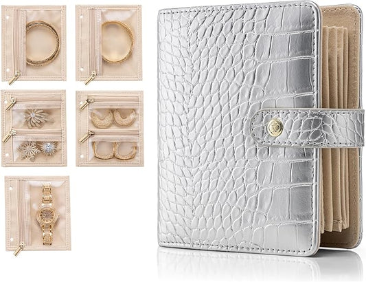 VLANDO Small Jewelry Book Organizer - Leather Travel Jewelry Case with 5 Detachable Pages, Multi Zipped Pockets for Necklaces Rings, Earrings, Tangle-Free, Croco Silver